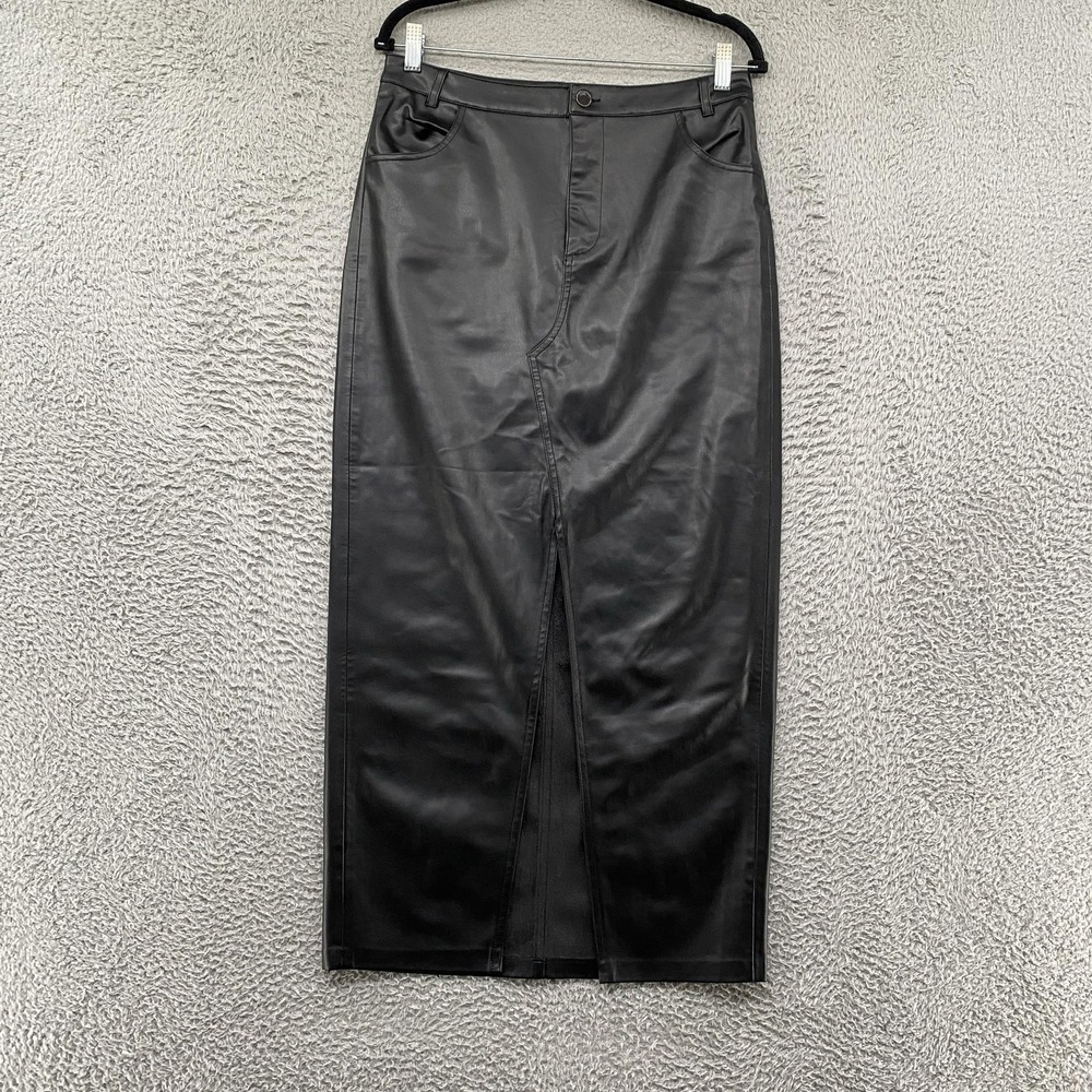 Zara Faux Leather Maxi Skirt Womens Medium Black Front Slit Grunge Indie Sleaze